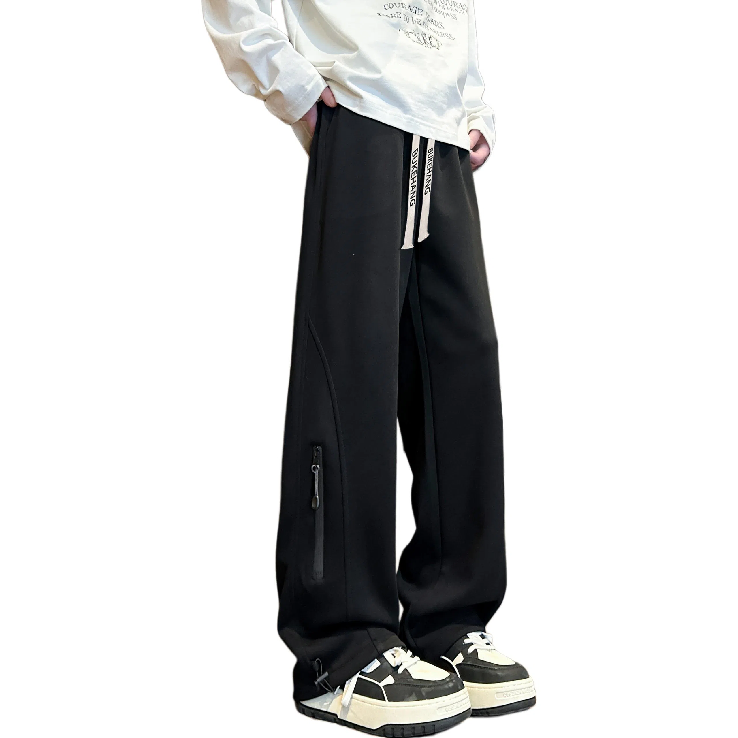 【华棉重磅直筒可束脚卫裤】布客行 显高显瘦港风设计感拉链抽绳系带松紧腰长裤子宽松大码美式复古高街百搭柔软显腿长休闲裤 男女同款