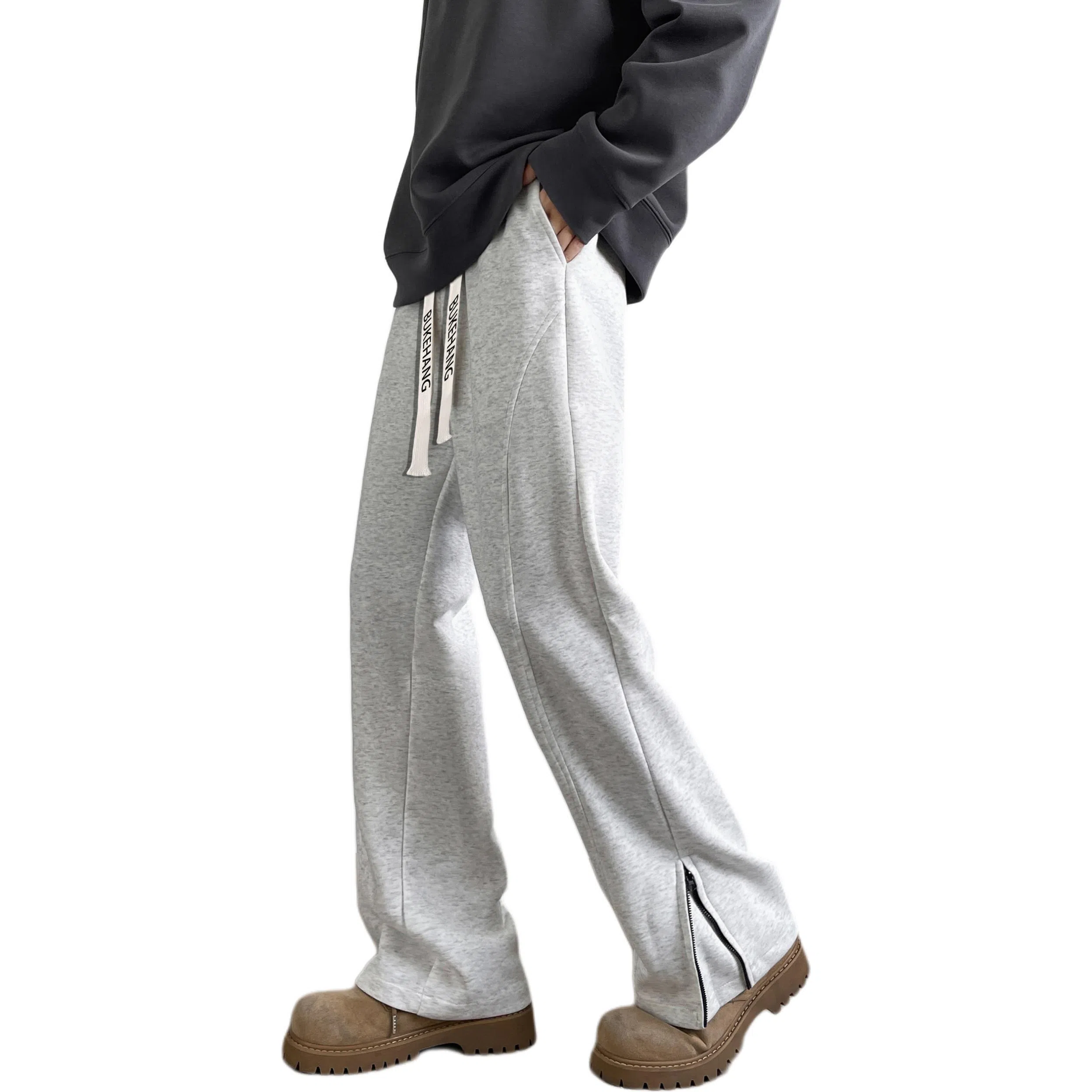 【直筒微喇可变换】布客行 华棉重磅拉链开叉卫裤显高显瘦美式复古高街纯色长裤子宽松大码百搭柔软抽绳松紧腰秋季休闲裤 男女同款