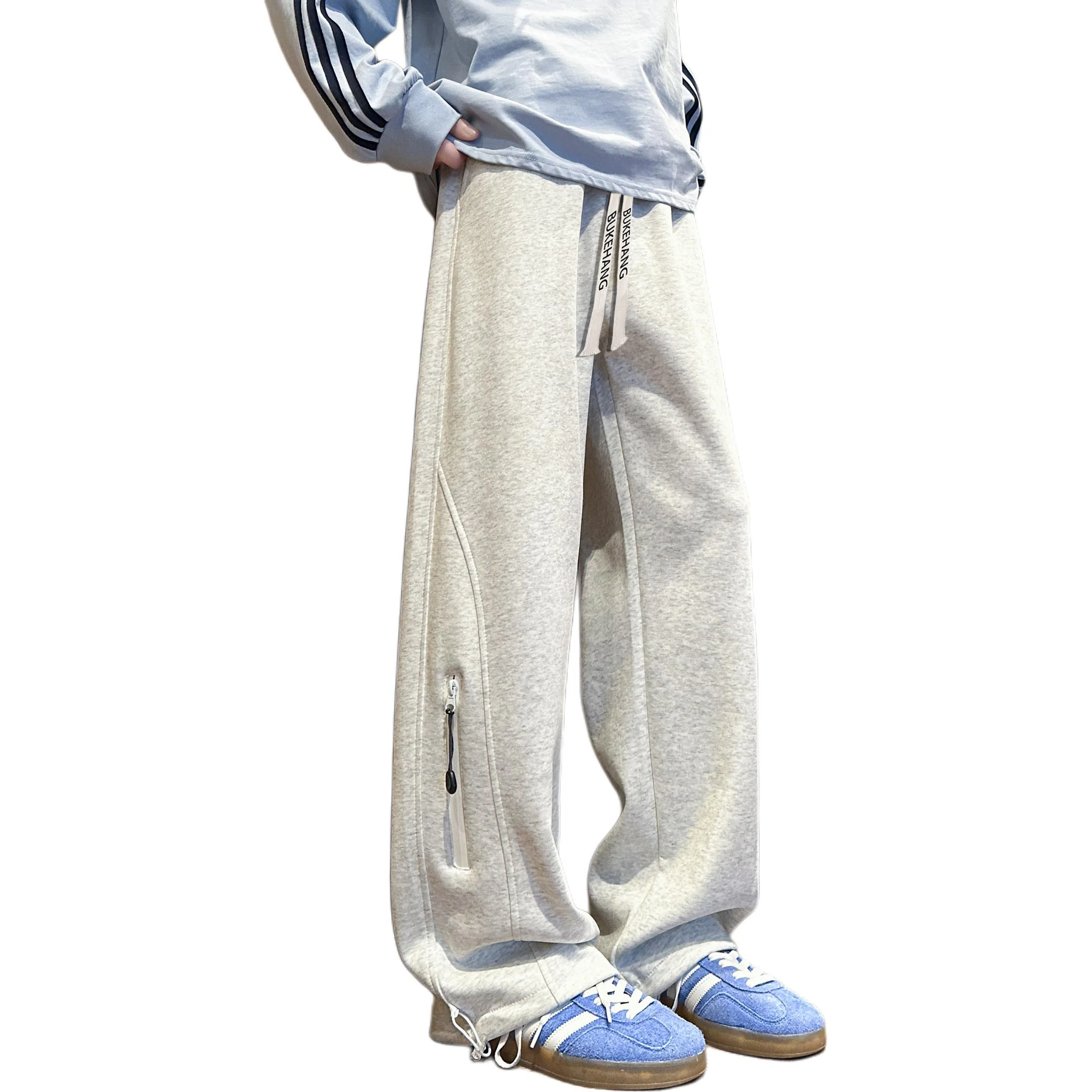 【华棉重磅直筒可束脚卫裤】布客行 显高显瘦港风设计感拉链抽绳系带松紧腰长裤子宽松大码美式复古高街百搭柔软显腿长休闲裤 男女同款