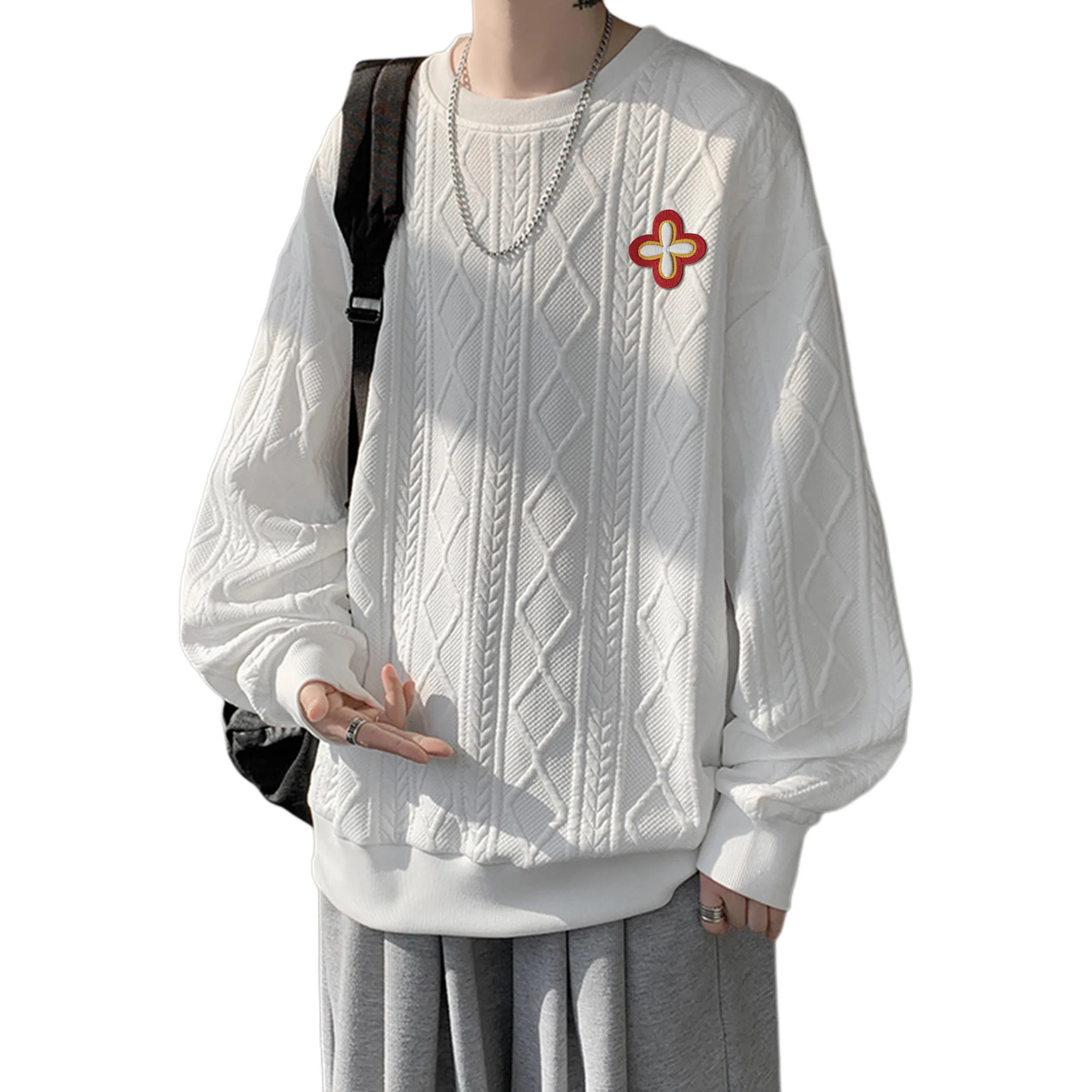 【提花压印大码200斤可穿】布客行 重磅慵懒风美式复古纯色圆领套头落肩长袖上衣港风宽松休闲百搭别针可拆卸刺绣胸标春秋卫衣 男女同款