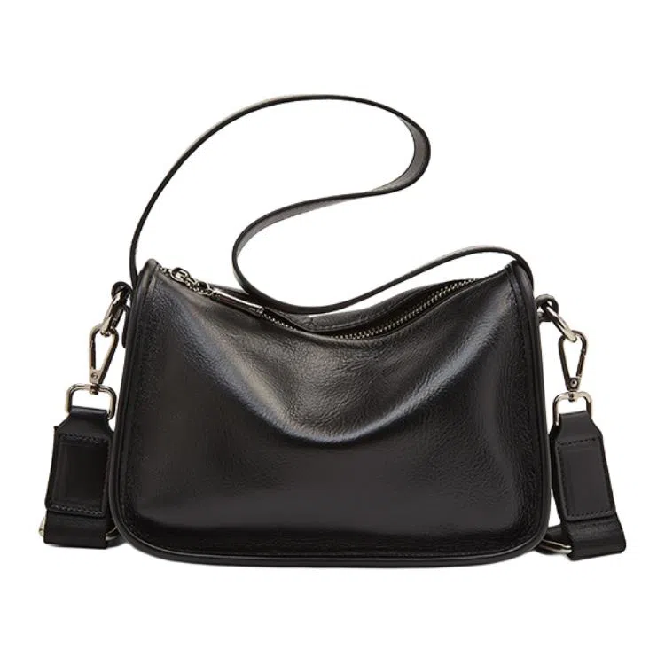 老人头 复古优雅气质百搭高级感通勤 牛皮革拼合成革 单肩包 常规 女款 黑色