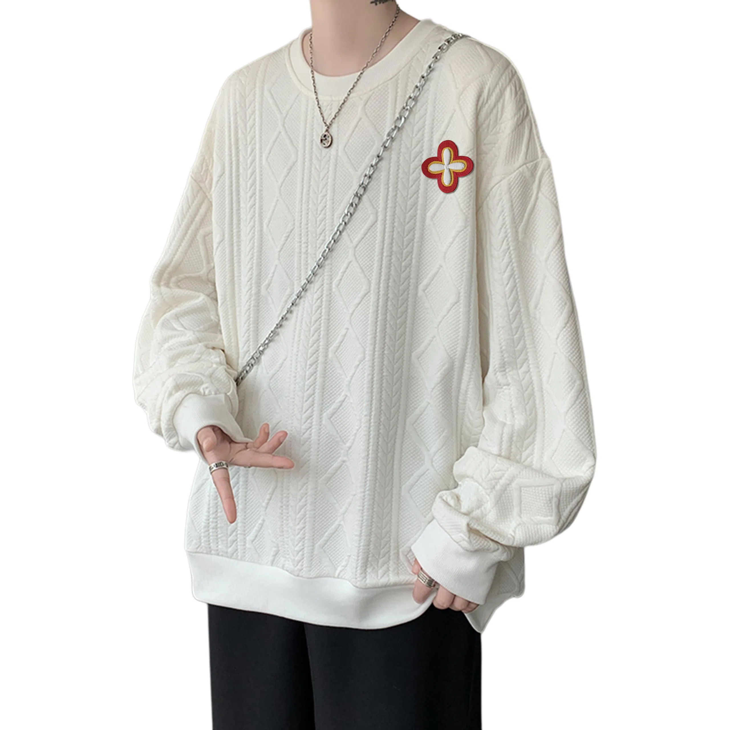 【提花压印大码200斤可穿】布客行 重磅慵懒风美式复古纯色圆领套头落肩长袖上衣港风宽松休闲百搭别针可拆卸刺绣胸标春秋卫衣 男女同款