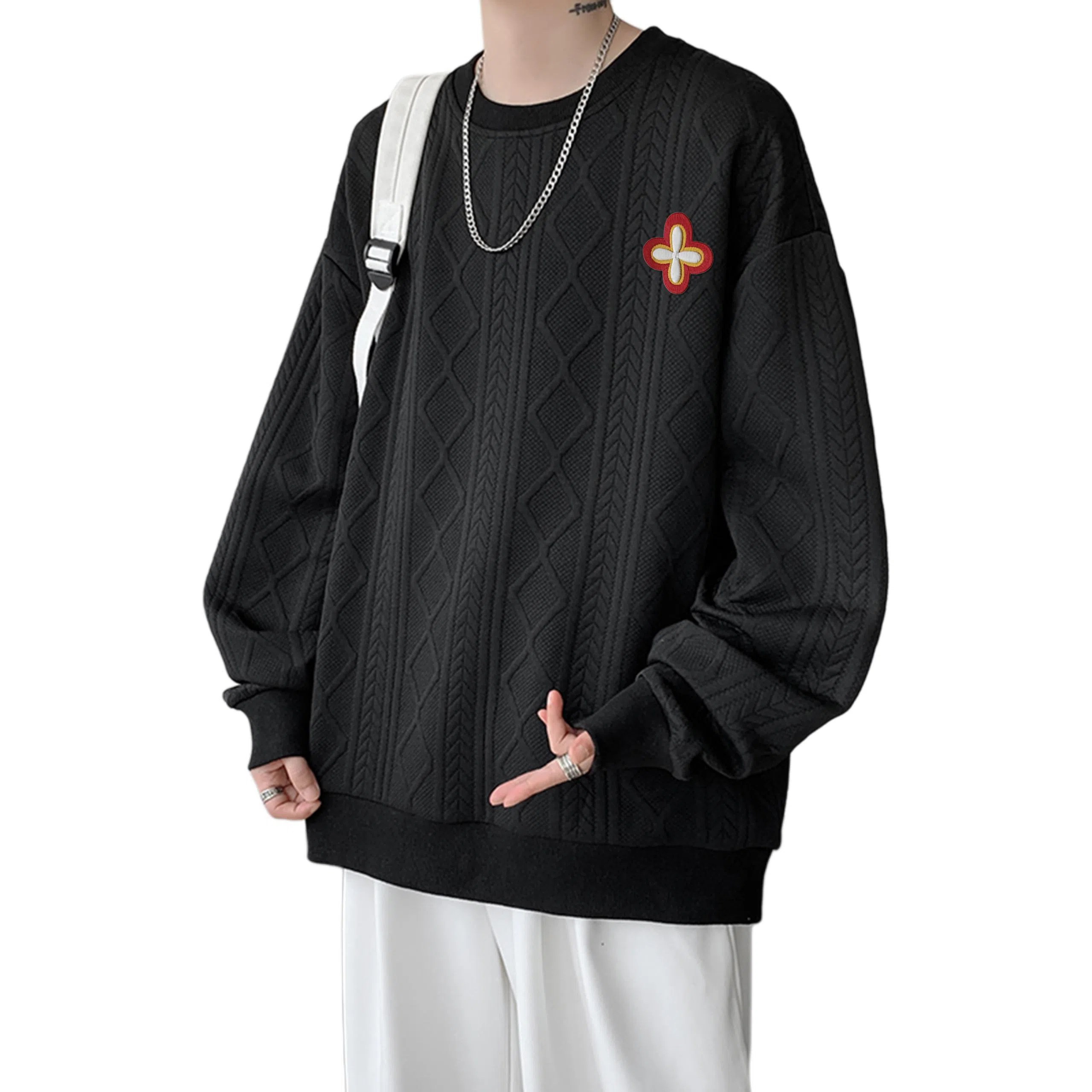 【提花压印大码200斤可穿】布客行 重磅慵懒风美式复古纯色圆领套头落肩长袖上衣港风宽松休闲百搭别针可拆卸刺绣胸标春秋卫衣 男女同款