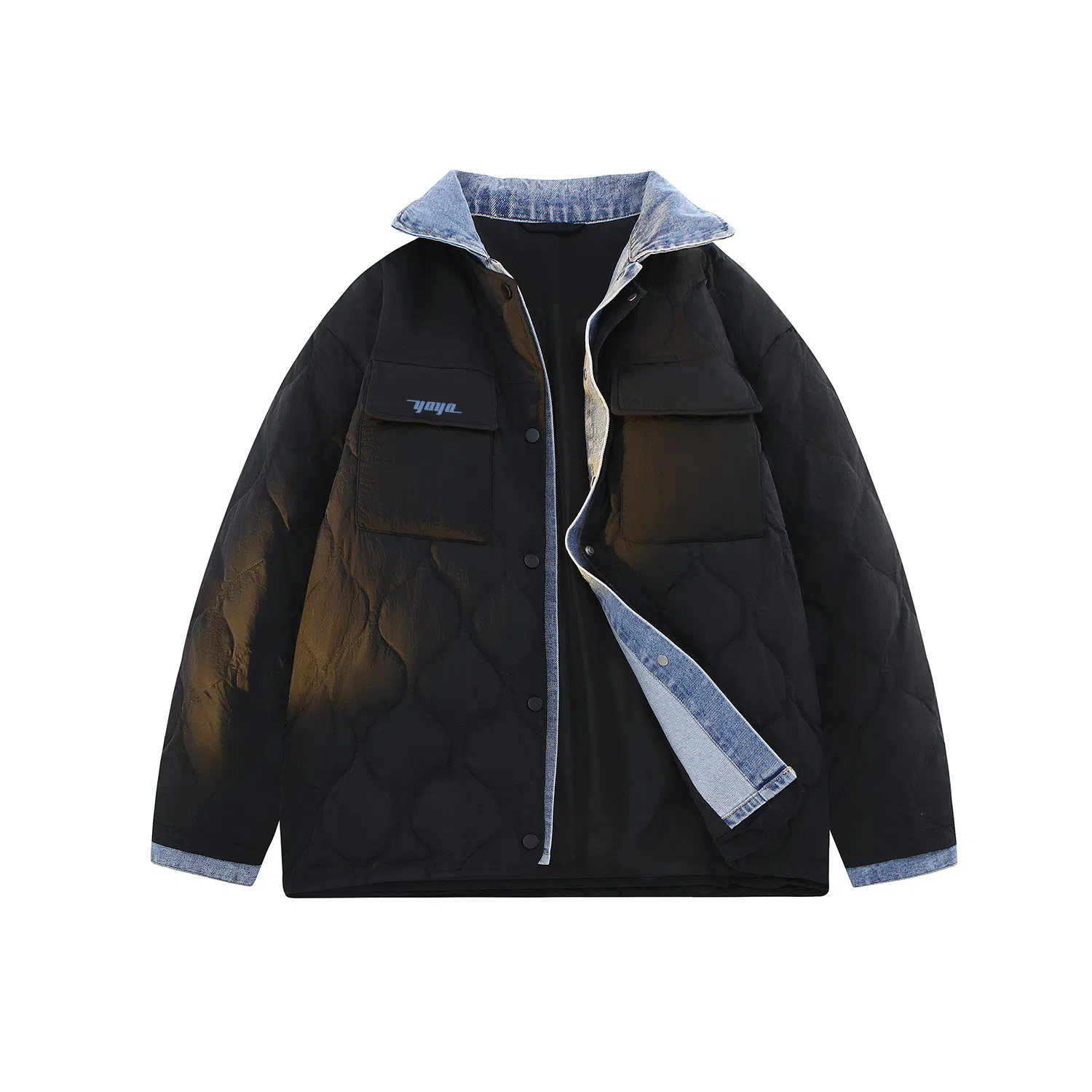 鸭鸭 牛仔拼接翻领撞色保暖防风宽松百搭潮流外套冬季羽绒服 女款