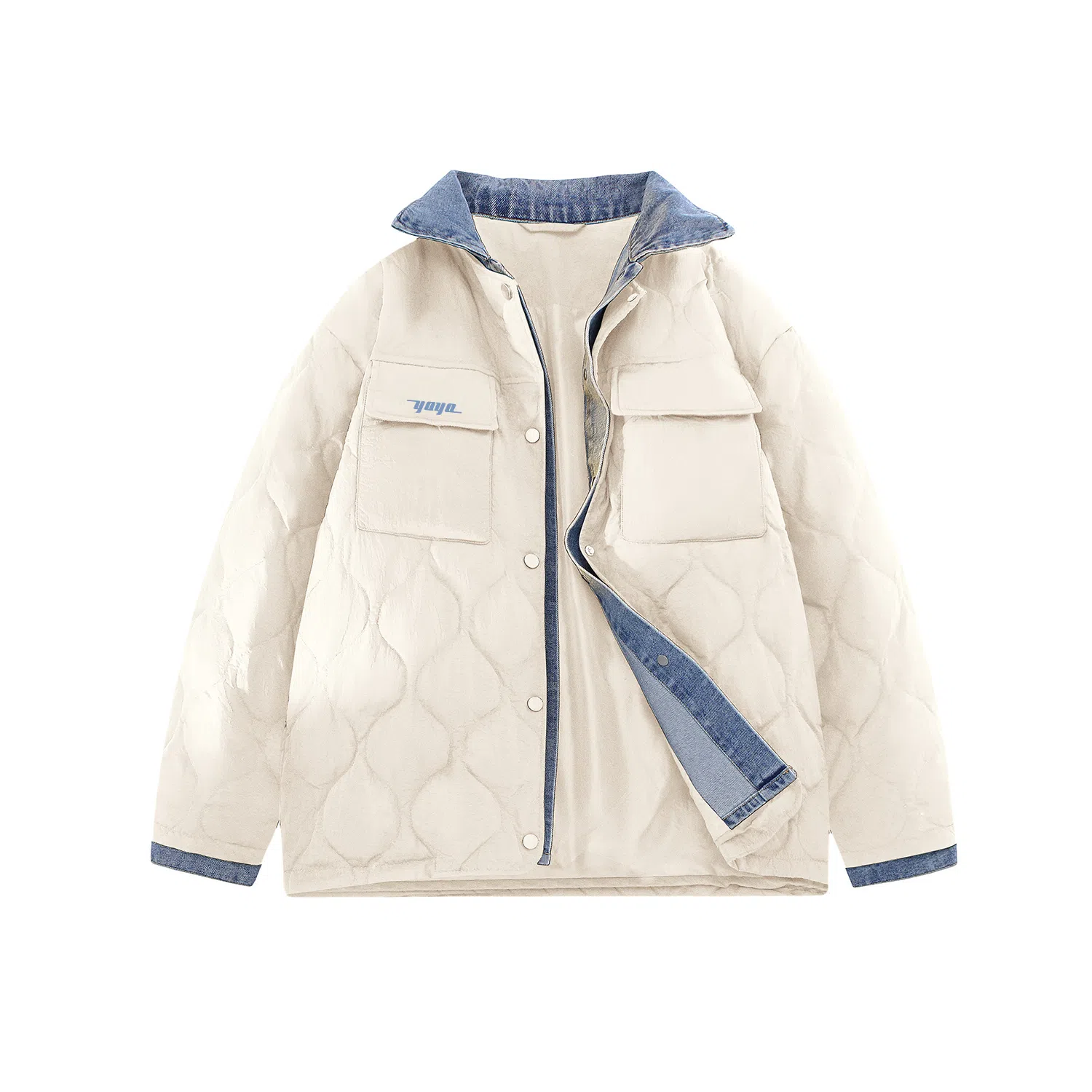 鸭鸭 牛仔拼接翻领撞色保暖防风宽松百搭潮流外套冬季羽绒服 女款