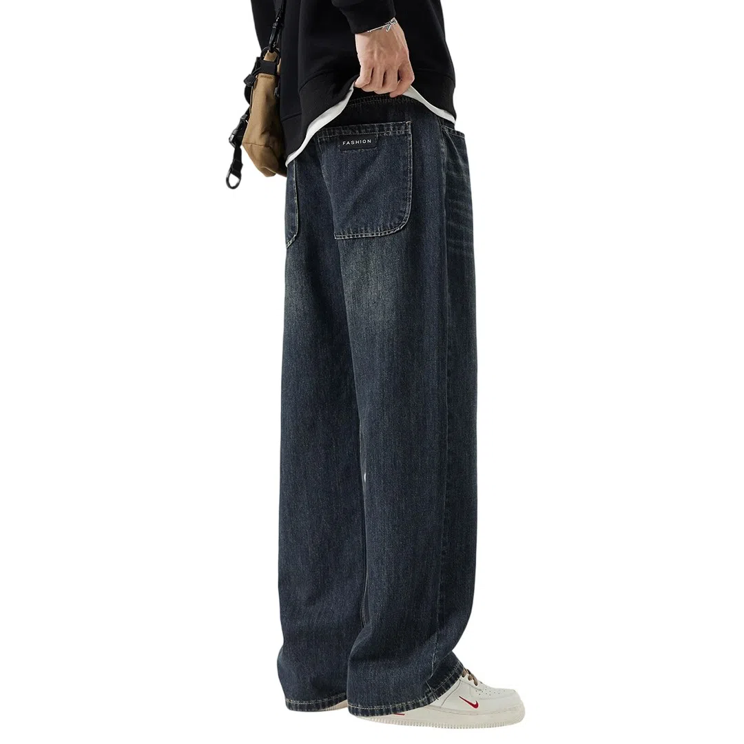 顶峰保罗 美式潮牌阔腿无性别主义直筒休闲复古高街水洗做旧运动长裤弹力显高显瘦宽松大码简约百搭加绒加厚垂感牛仔裤 男女同款