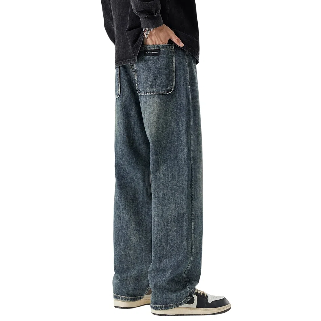 顶峰保罗 美式潮牌阔腿无性别主义直筒休闲复古高街水洗做旧运动长裤弹力显高显瘦宽松大码简约百搭加绒加厚垂感牛仔裤 男女同款