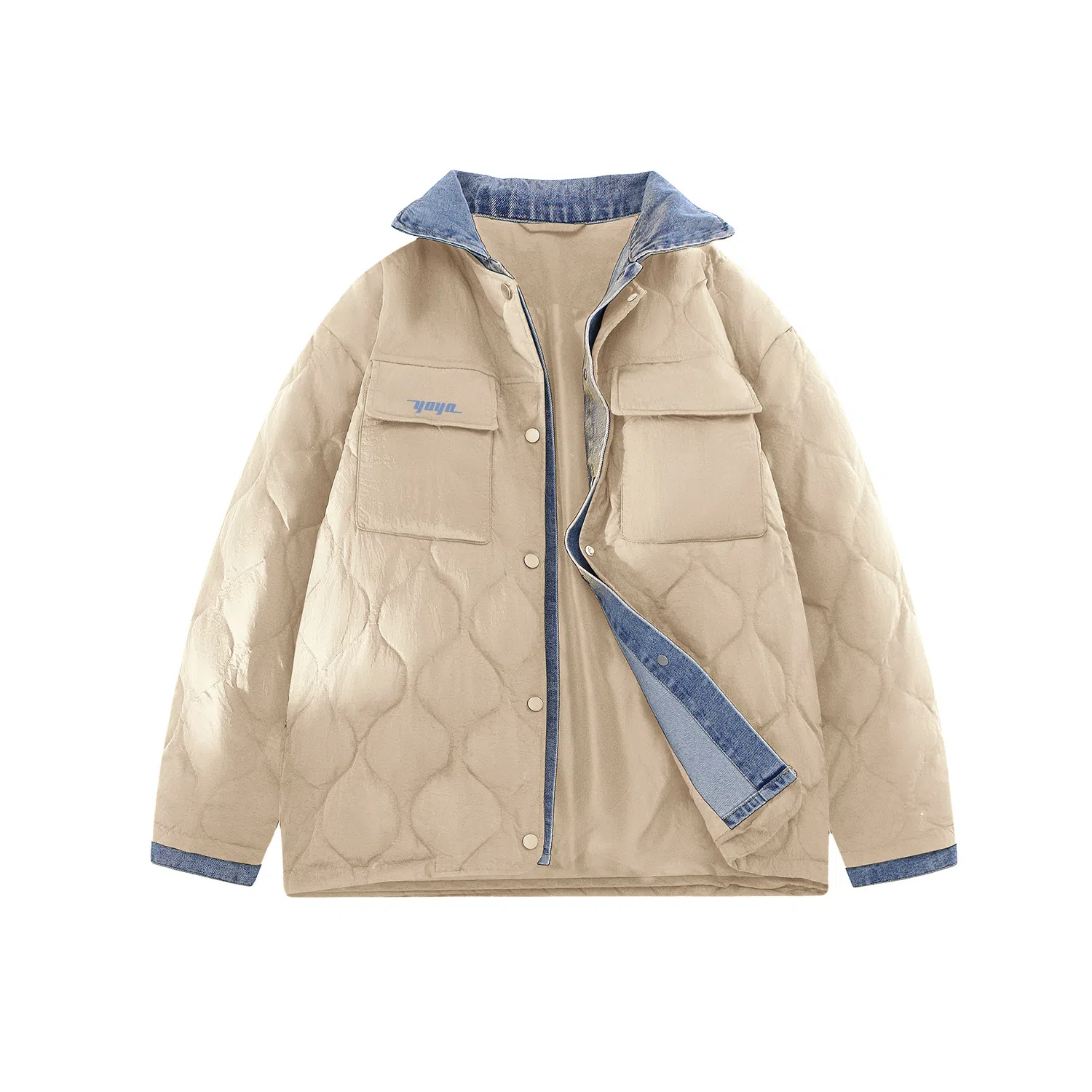 鸭鸭 牛仔拼接翻领撞色保暖防风宽松百搭潮流外套冬季羽绒服 女款