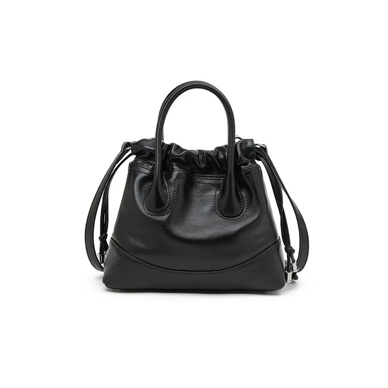 老人头 小香风通勤时尚高级质感气质个性 牛皮拼合成革 水桶包手提包 女款 黑色/白色/浅灰色