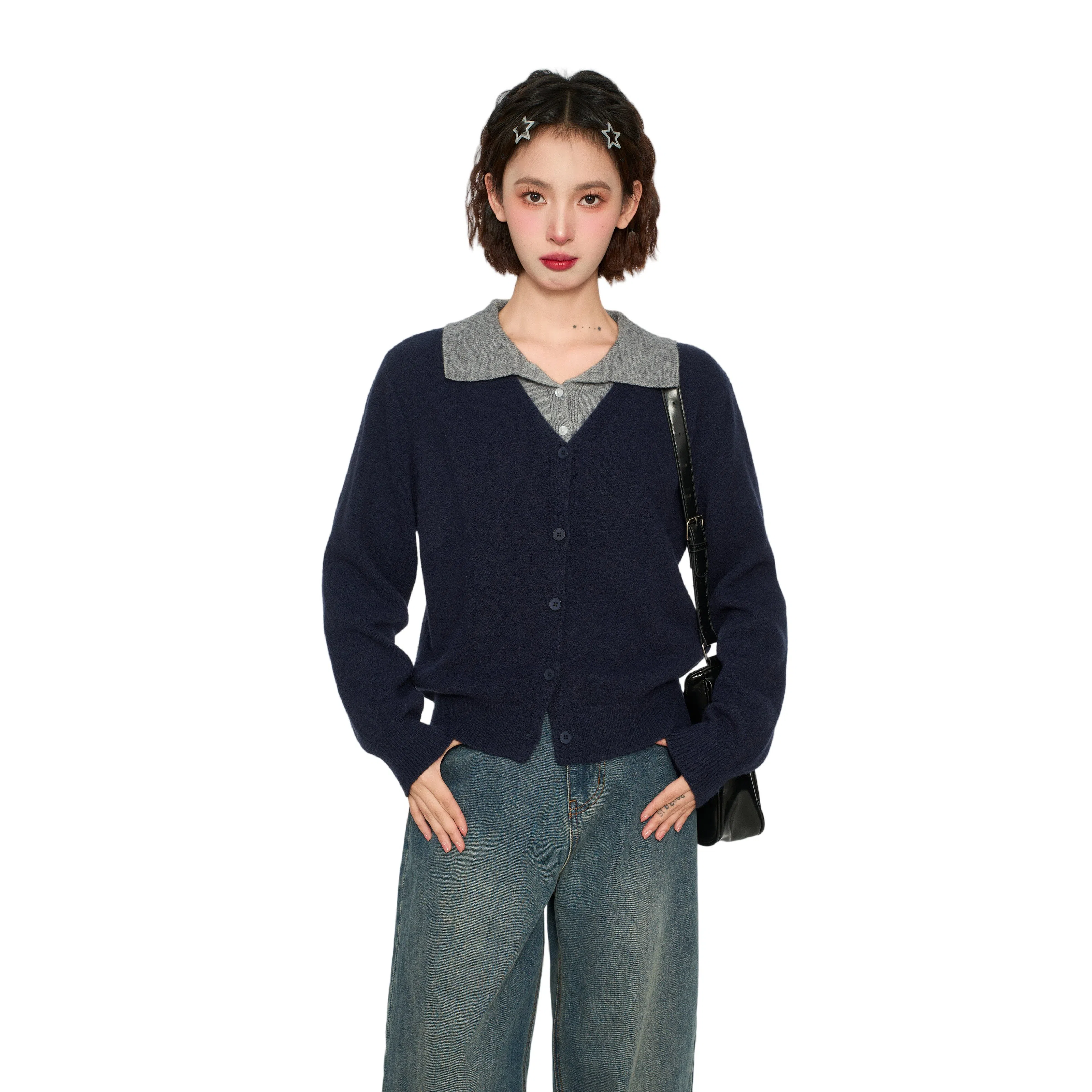 柏黛妃 假两件拼色翻领短款上衣开衫外套针织衫 女款