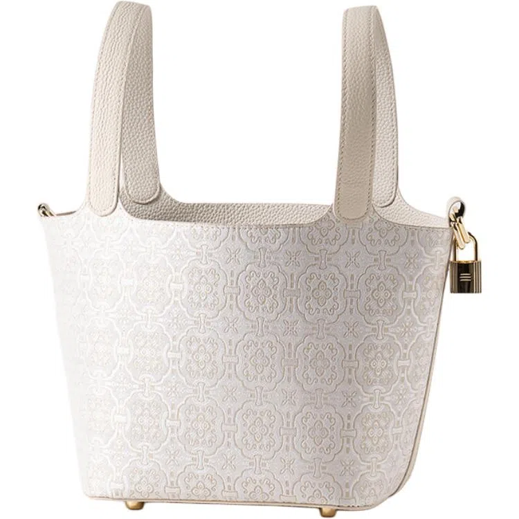 上海故事 菜篮子新中式国风单肩斜挎真皮 牛皮 手提包 大号 女款 日光黄 /白定胜 /高贵紫