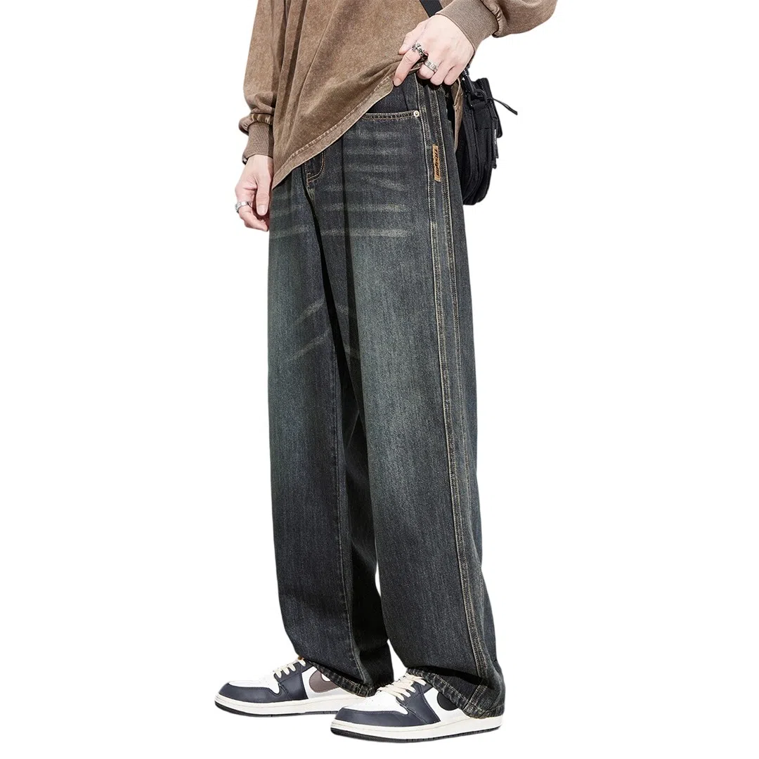 顶峰保罗 美式复古高街水洗做旧星空纹阔腿无性别主义直筒休闲运动潮牌长裤弹力显高显瘦宽松大码简约百搭加绒加厚垂感牛仔裤 男女同款