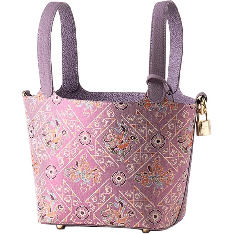 上海故事 菜篮子新中式国风单肩斜挎真皮 牛皮 手提包 大号 女款 日光黄 /白定胜 /高贵紫