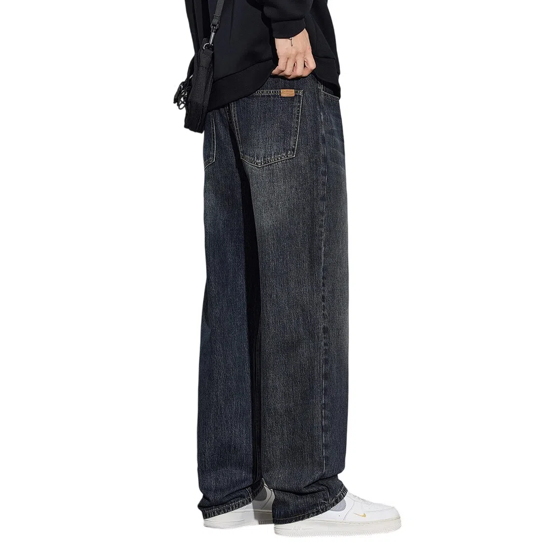 顶峰保罗 美式潮牌直筒阔腿无性别主义休闲复古高街水洗做旧运动长裤弹力显高显瘦宽松大码简约百搭加绒加厚垂感牛仔裤 男女同款