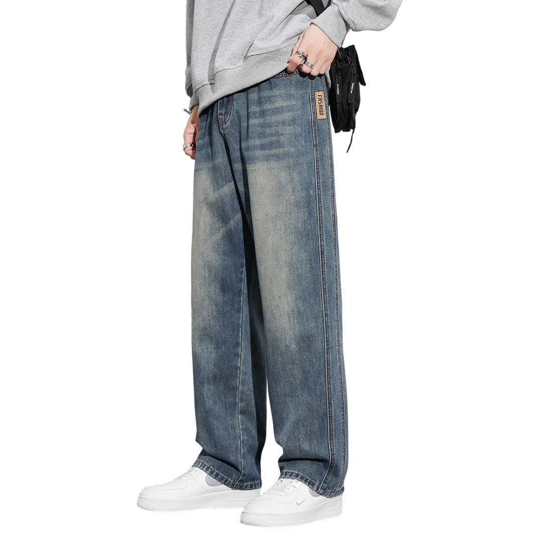 顶峰保罗 美式复古高街水洗做旧星空纹阔腿无性别主义直筒休闲运动潮牌长裤弹力显高显瘦宽松大码简约百搭加绒加厚垂感牛仔裤 男女同款