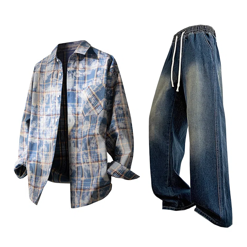 布客行 免搭配一套白云多彩格子学院风高街单排扣扎染休闲宽松衬衣外套美式复古直筒抽绳松紧腰微喇基础柔软牛仔裤衬衫套装 男女同款