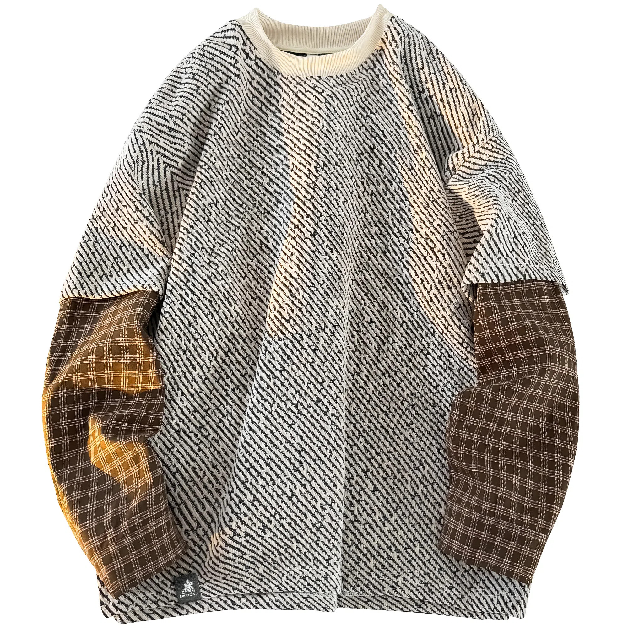 稻草人 美式复古大码假两件格纹撞色银丝斜纹满天星面料拼接设计高街圆领落肩套头秋季卫衣 男女同款