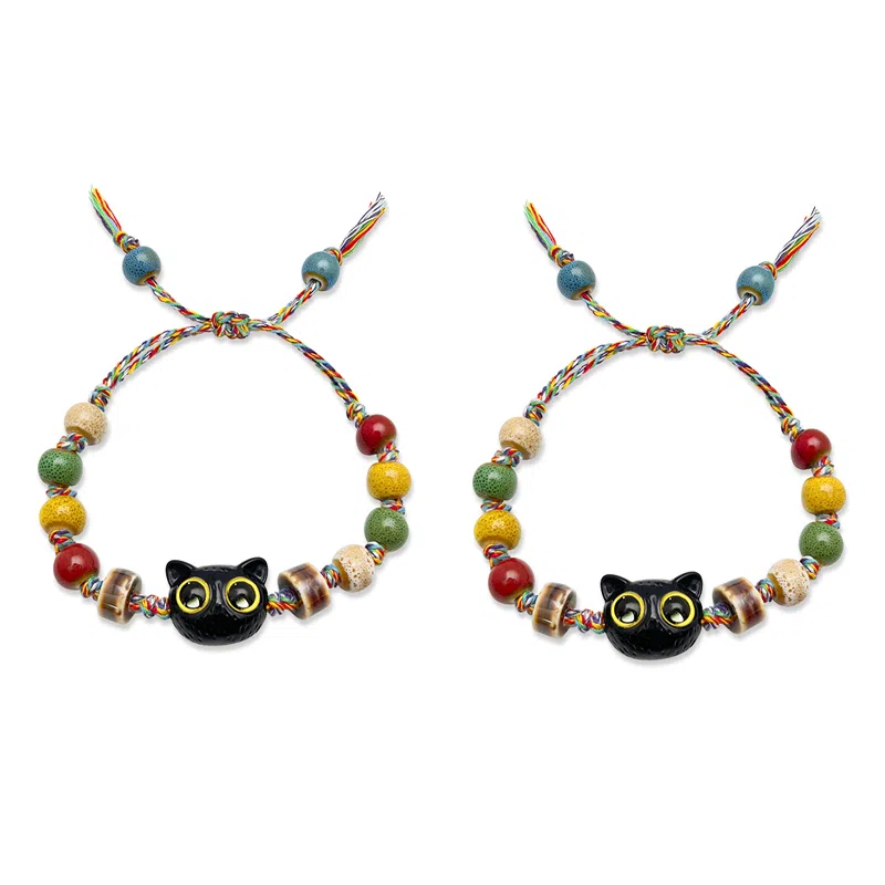 【Lucky幸运大眼猫咪】 攸委 可爱高级感彩色编织绳小猫可调节 复古新中式小众设计感 百搭学生一对简约饰品 柴木 手串 男女同款情侣款