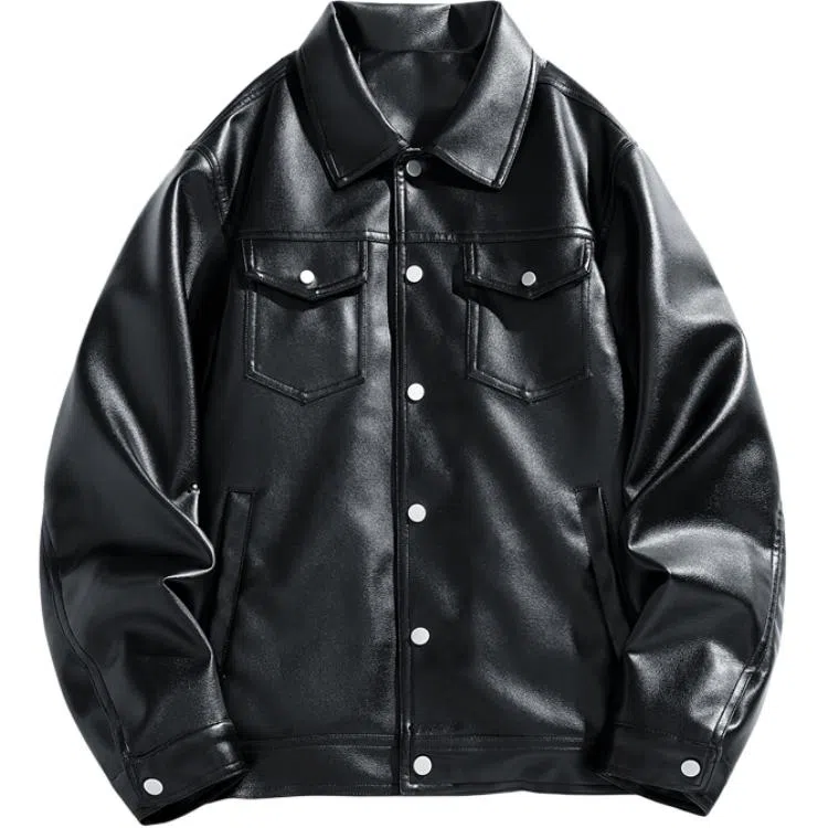 老爷车 春秋季简约宽松外套翻领纯色休闲舒适百搭运动皮衣 男款