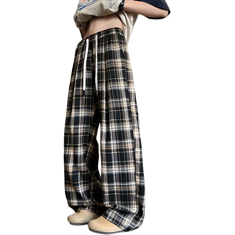 【抽绳格子回潮可穿230斤】布客行 美式复古港风嘻哈高街运动时尚百搭日常出街垂感慵懒宽松舒适华棉直筒青少年长裤休闲裤 男女同款