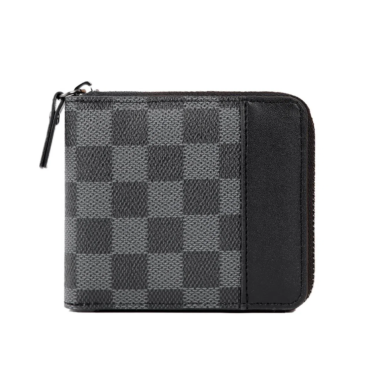 老人头 时尚潮流简约风格商务短款通勤棋盘格设计票夹钱夹 合成革 钱包 男款 黑色