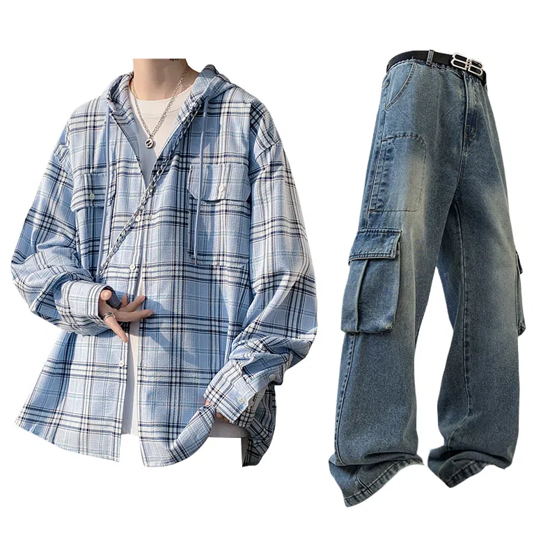 布客行 免搭配一套港风连帽开衫条纹格子高街休闲宽松衬衣外套美式复古直筒抽绳松紧腰微喇基础款柔软牛仔裤衬衫套装 男女同款