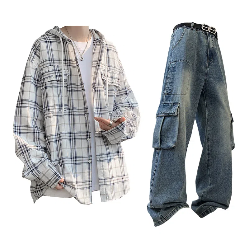布客行 免搭配一套港风连帽开衫条纹格子高街休闲宽松衬衣外套美式复古直筒抽绳松紧腰微喇基础款柔软牛仔裤衬衫套装 男女同款
