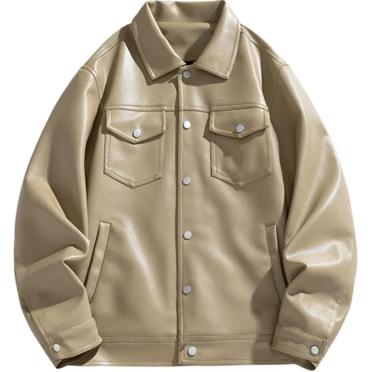 老爷车 春秋季简约宽松外套翻领纯色休闲舒适百搭运动皮衣 男款