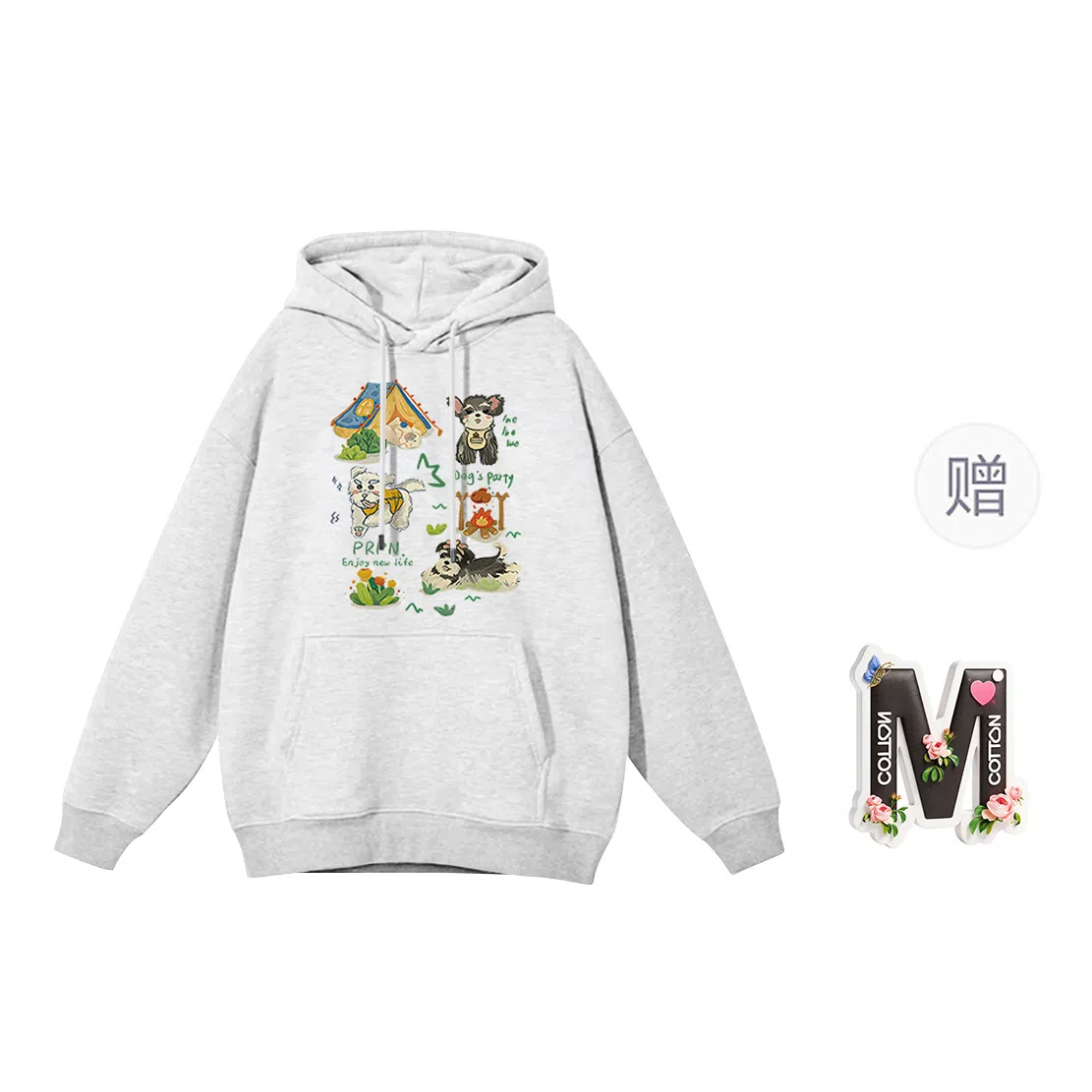 棉购 韩系甜美百搭小狗卡通印花连帽上衣学生休闲时尚宽加绒加厚卫衣 女款