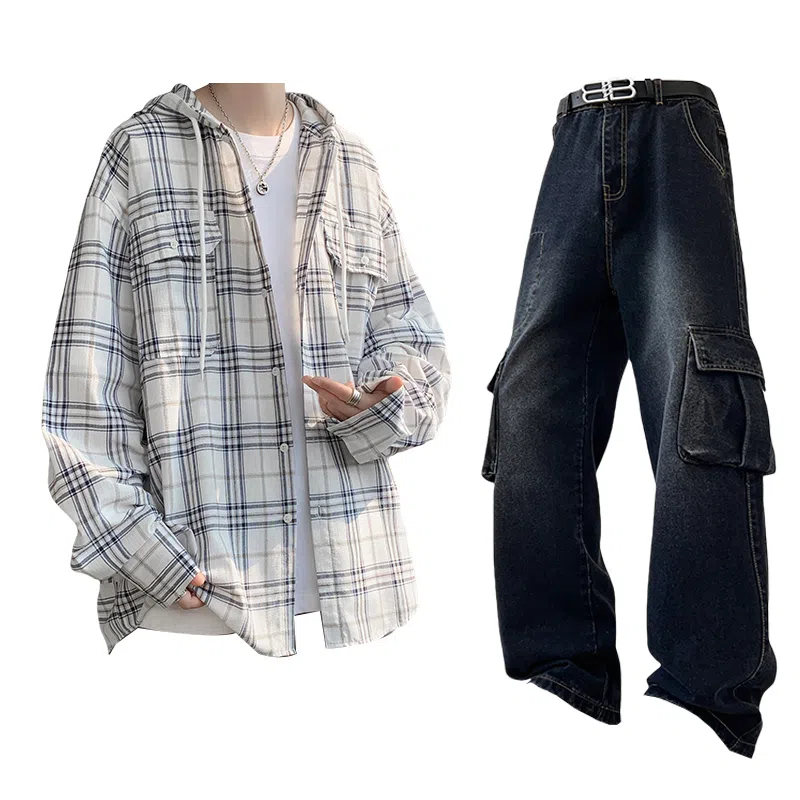 布客行 免搭配一套港风连帽开衫条纹格子高街休闲宽松衬衣外套美式复古直筒抽绳松紧腰微喇基础款柔软牛仔裤衬衫套装 男女同款