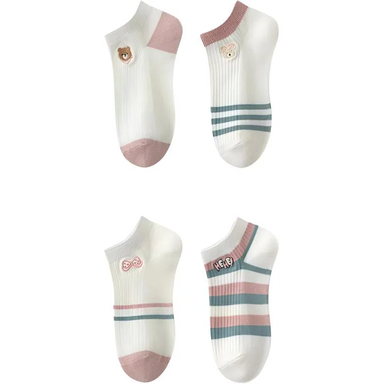 妮轻 纯棉网眼透气条纹甜美短袜 女款