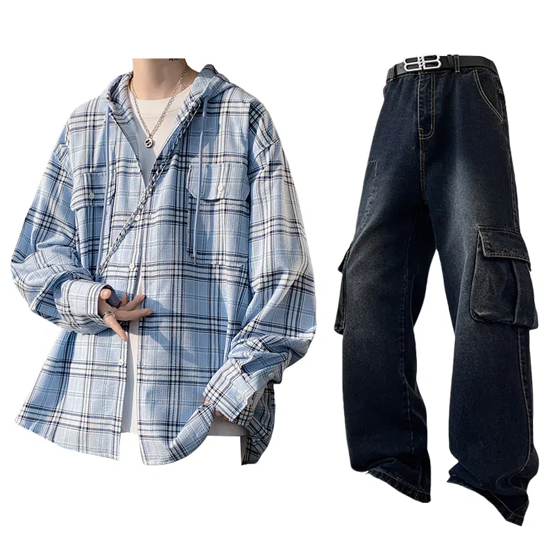 布客行 免搭配一套港风连帽开衫条纹格子高街休闲宽松衬衣外套美式复古直筒抽绳松紧腰微喇基础款柔软牛仔裤衬衫套装 男女同款