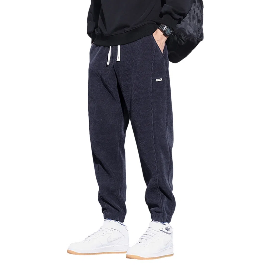 顶峰保罗 美式重磅加绒加厚潮牌弹力抽绳显高显瘦束脚哈伦卫裤无性别主义宽松大码运动长裤简约百搭高街休闲裤 男女同款