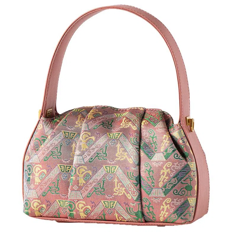 上海故事 福禄祥鸟新中式国风真丝真皮 牛皮 褶皱包手提包 女款 蜜粉色