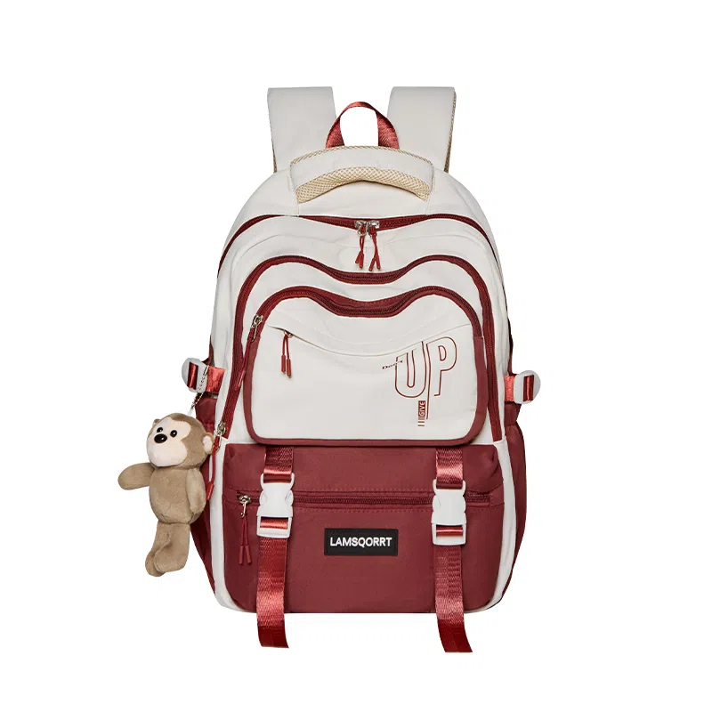 纳兰杜 撞色潮流百搭上课 织物 书包双肩包 大号 男女同款情侣款 奶茶色/酒红色/粉拼蓝