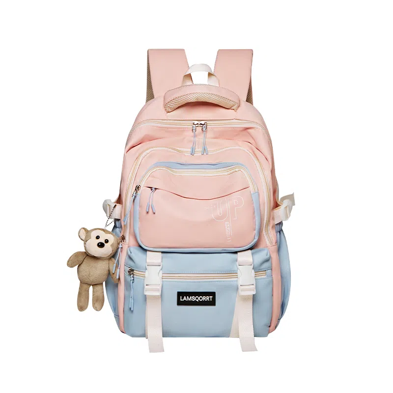 纳兰杜 撞色潮流百搭上课 织物 书包双肩包 大号 男女同款情侣款 奶茶色/酒红色/粉拼蓝