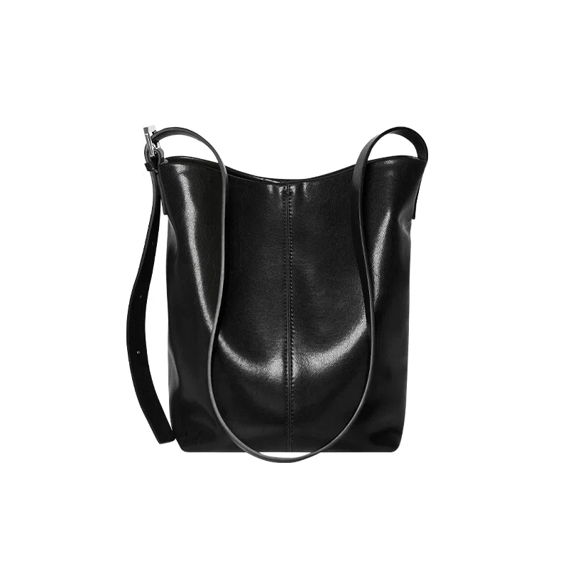 纳兰杜 通勤复古时尚百搭高级感实用 牛皮拼合成革 水桶包斜挎单肩包 迷你 女款 子夜黑/金棕/咖啡色