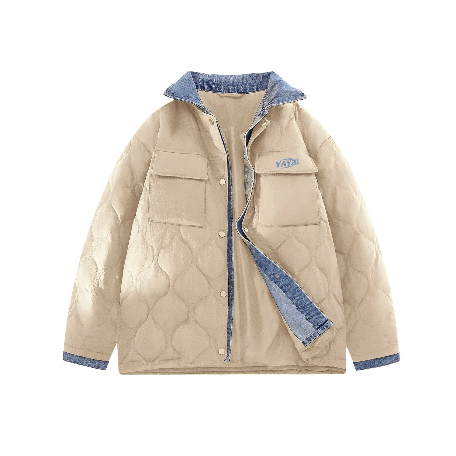 鸭鸭 牛仔翻领绗缝设计保暖外套时尚撞色百搭款拼接户外冬季长袖羽绒服 男女同款