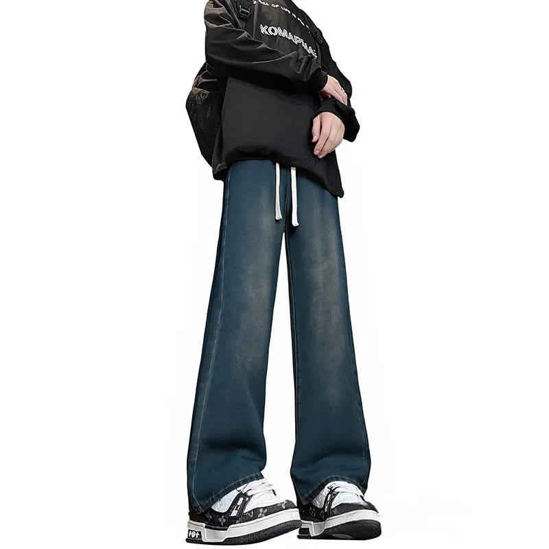 【巴黎柳叶弯刀裤】布客行 美式复古水洗直筒基础款高街舒适亲肤透气休闲百搭微喇纯色长裤显高显瘦显腿长弹力抽绳松紧腰牛仔裤 男女同款