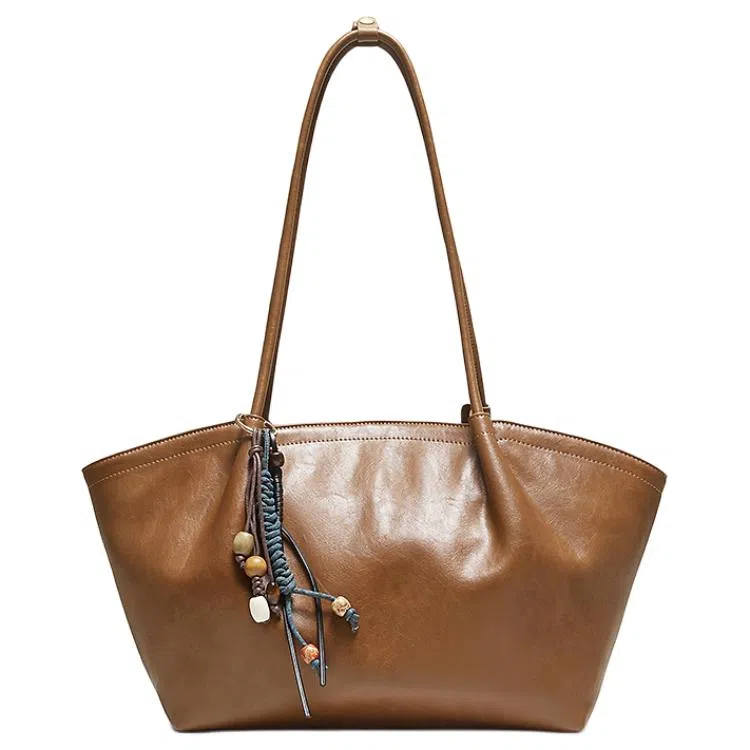 百思图 优雅复古简约百搭舒适时尚 人造革 单肩包 大号 女款 棕色/黑色