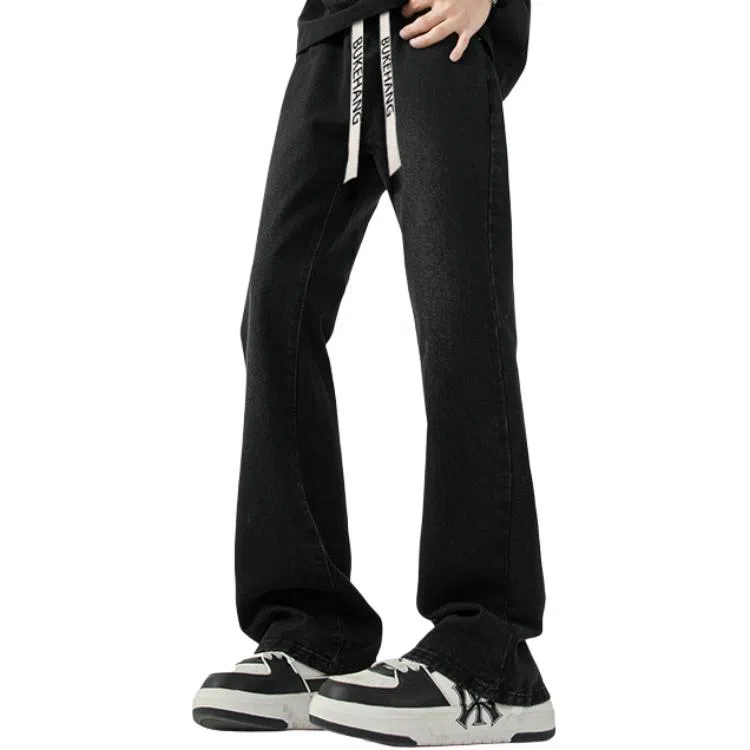 布客行 美式复古废土风水洗直筒修身基础款高街透气舒适亲肤休闲百搭微喇弯刀纯色抽绳弹力长裤牛仔裤 男女同款