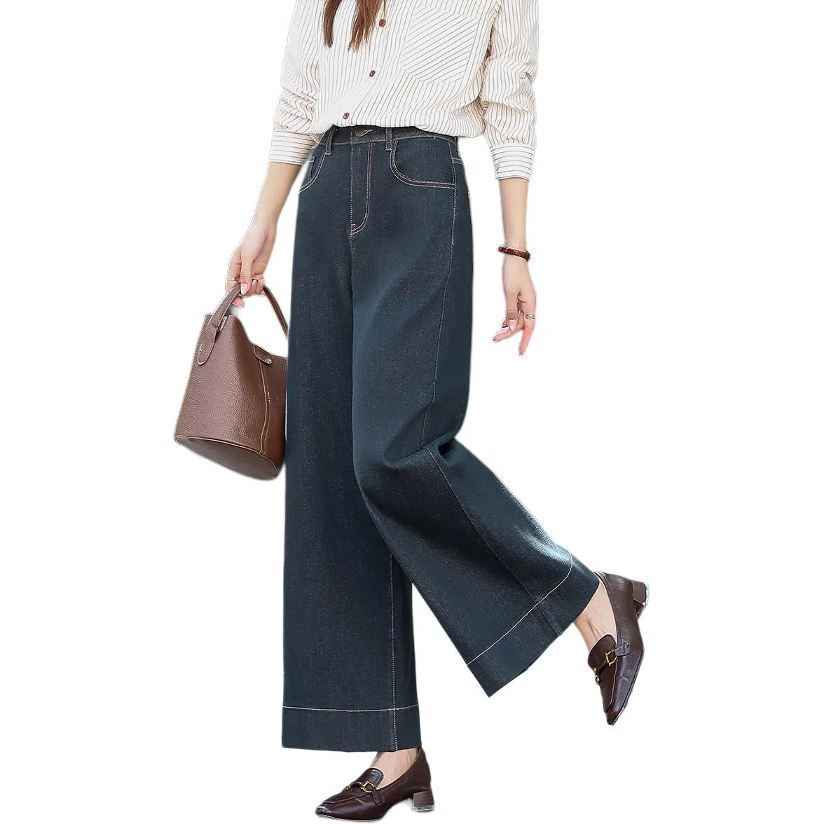 【dme】 秋季立体中高腰撞色压线直筒阔腿宽松藏肉显瘦口袋显高牛仔裤 女款