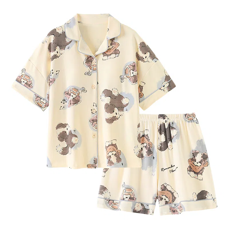静英鸾 带胸垫短袖短裤翻领开衫可爱卡通小狗休闲舒适家居服睡衣套装 女款