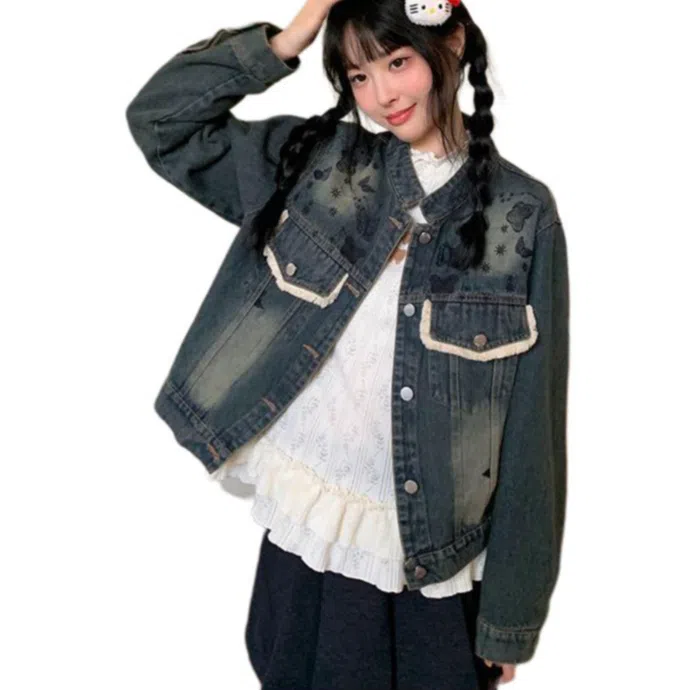 邓大喵 刺绣短款印花上衣小众盐系牛仔外套 女款
