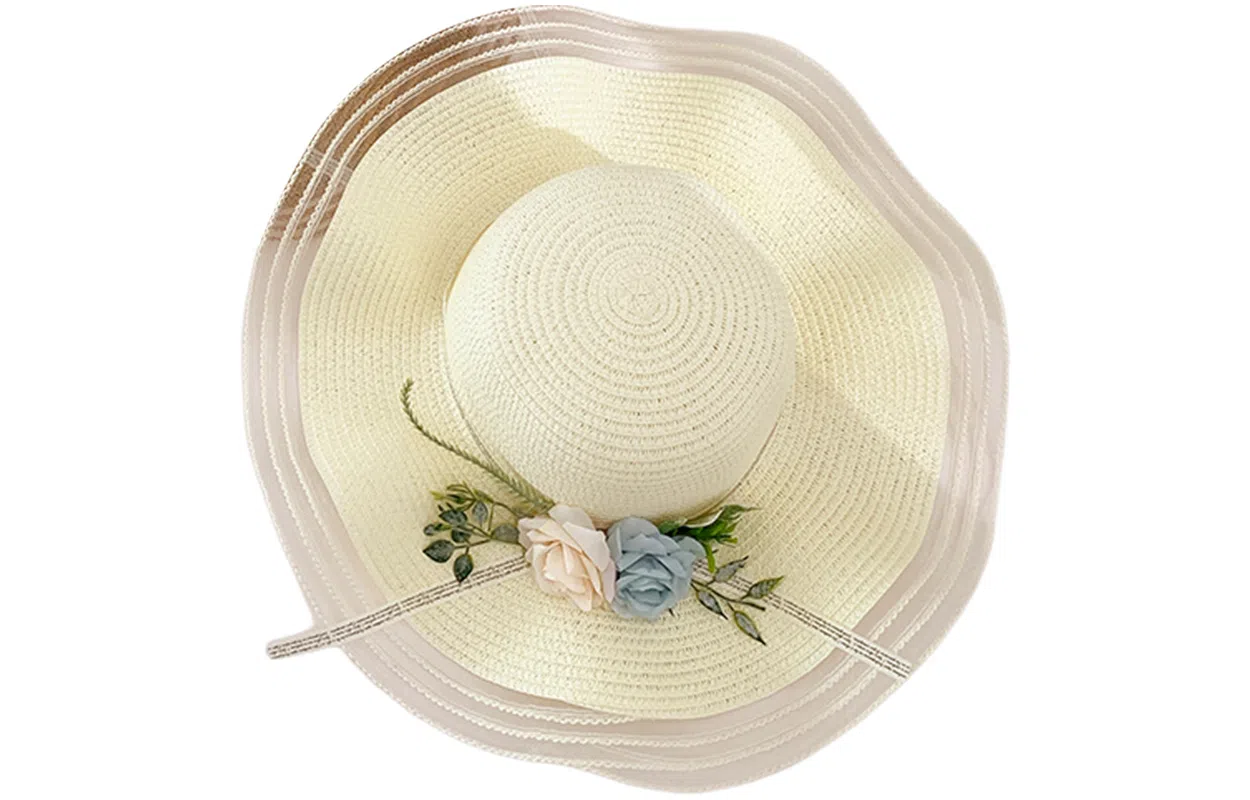 优幽兰 韩版波浪边花朵编织草帽女夏季法式海边度假太阳帽百搭时尚高级感大帽檐遮阳帽子 纤维素材料 防晒帽 女款