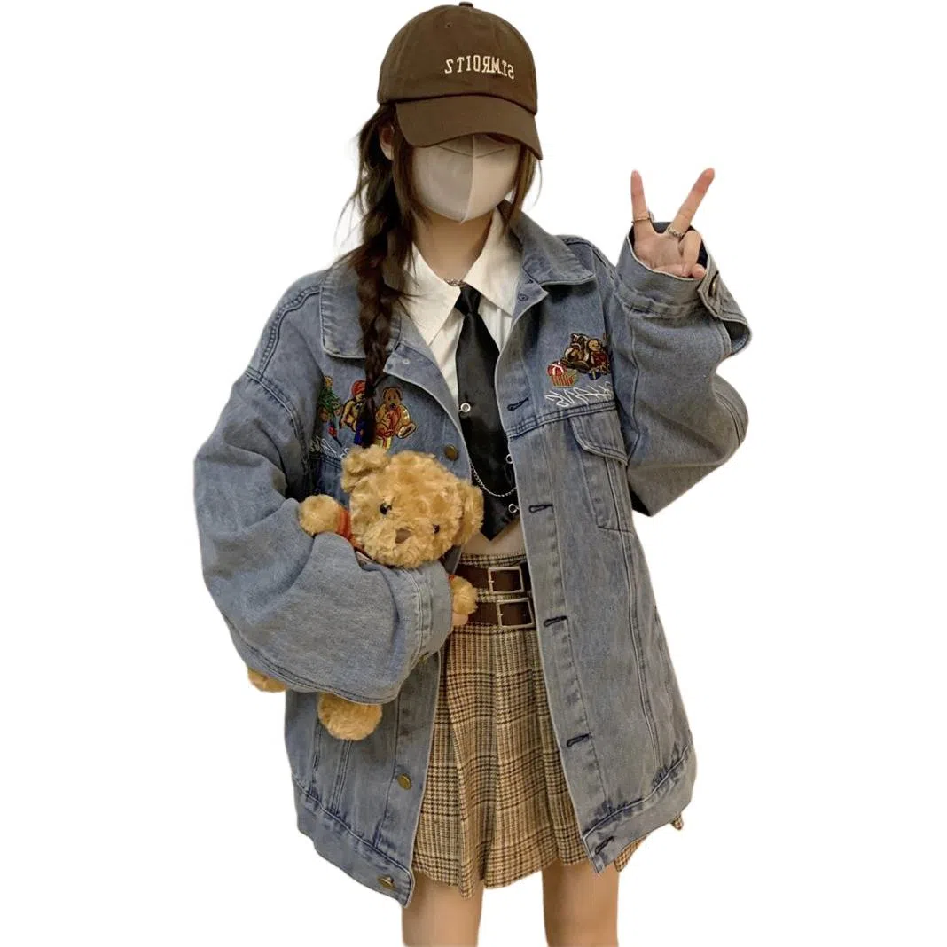 邓大喵 春季重工刺绣小熊女高级感炸街宽松夹克上衣潮牌牛仔外套 女款