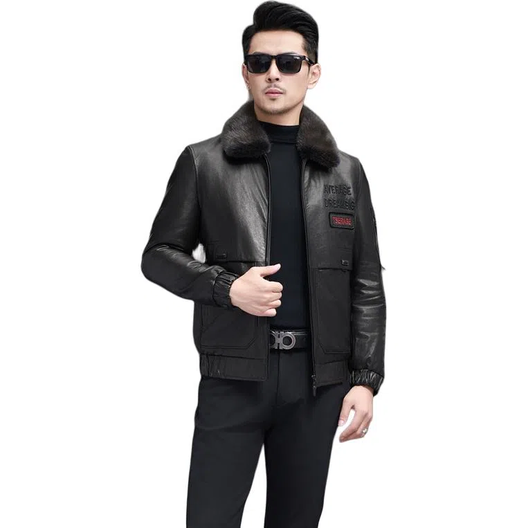 比利斯山羊 简约商务水貂领牛皮真皮皮衣 男女同款