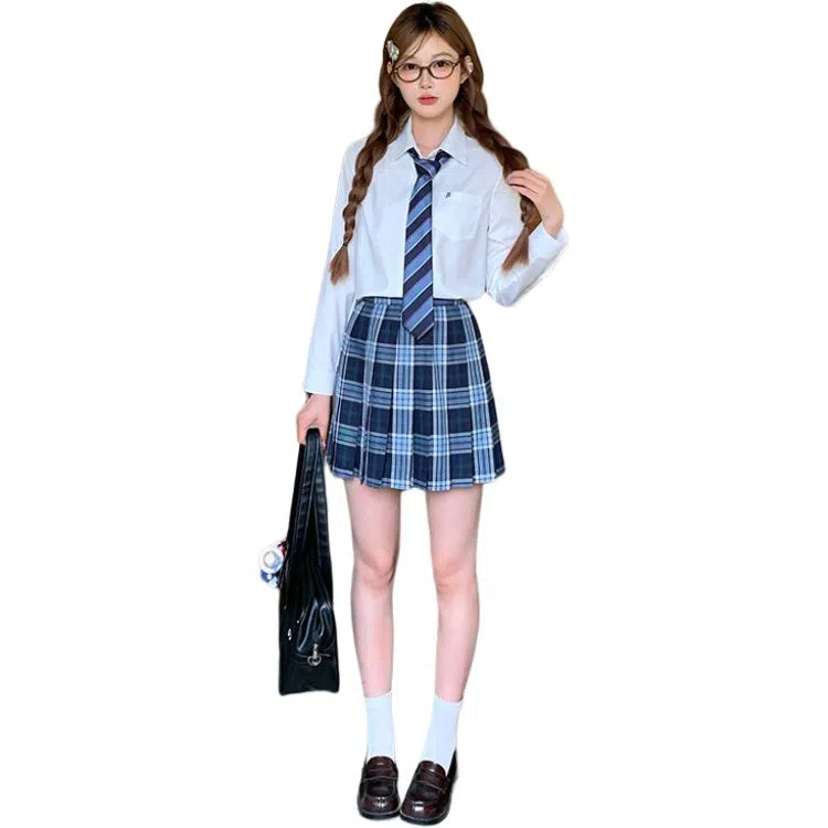 东鲸岁时记 长袖衬衫纯色基础款通勤学院风上衣小个子高腰半身裙裙装套装 女款