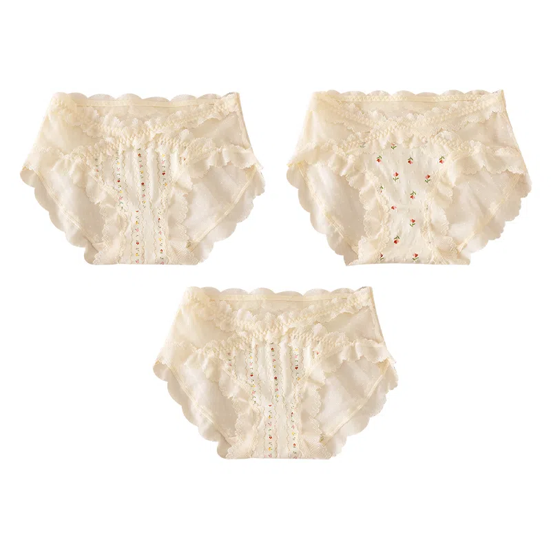 二三二三 日系甜美交叉蕾丝花边少女轻薄透气亲肤柔软舒适小碎花纯欲清新日常简约百搭短裤组合装三角内裤 女款