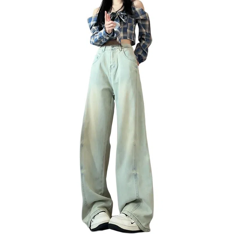 欧迪芬 复古浅色水洗做旧阔腿裤女秋季高腰宽松显瘦直筒拖地裤子 牛仔裤 女款